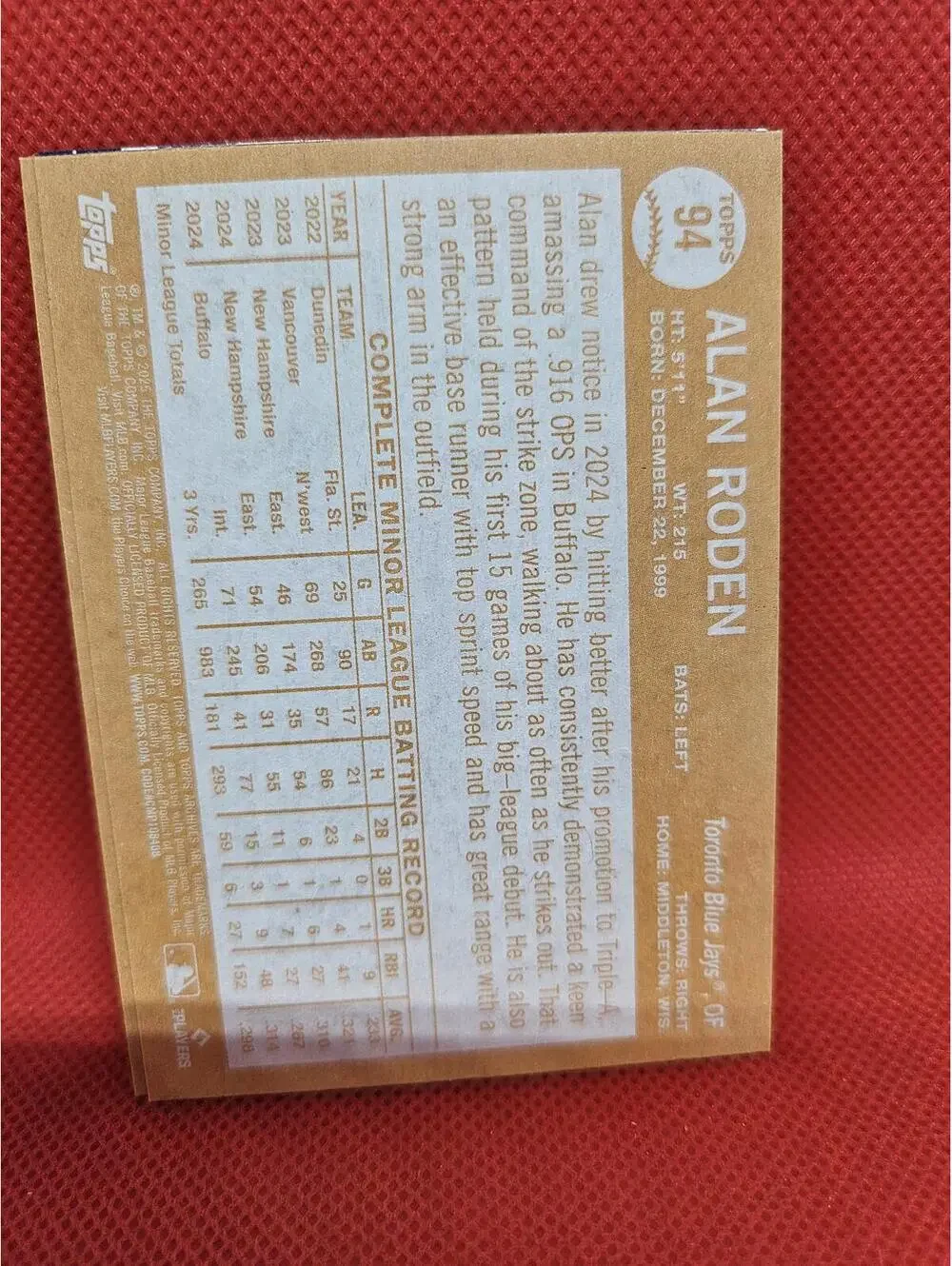Alan Roden (RC)  2025 Topps Archives Rookie  #94 - Blue Jays - RAW Mint